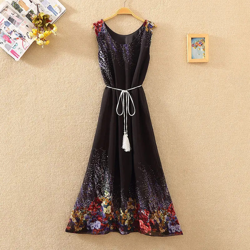 Sand Vacation Summer 2024 New Chiffon Colorful Dress Bohemia Sleeveless Printing Multicolor Lower Back Loose Comfortable Dress