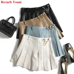 Lambskin Mini Pleated Skirt Women Playful College Style Japanese Korean Chic Hot Girl Golden Chain Short Jupe Blue White Saias