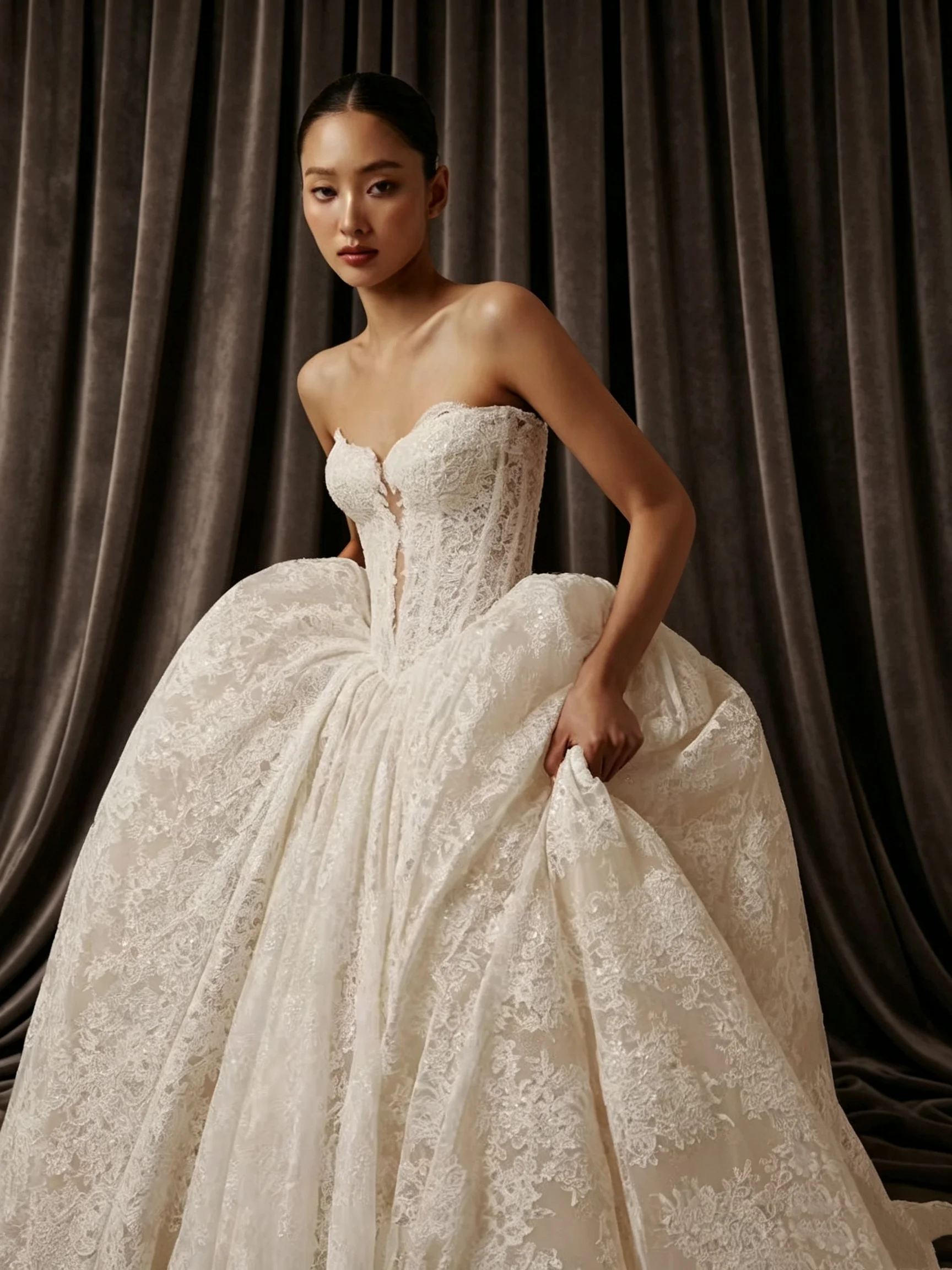 Strapless Lace Wedding Dress Custom Made Ball Gown Sweetheart Bridal Gown Custom Size Vintage Lace Puffy Wedding Gown For Women