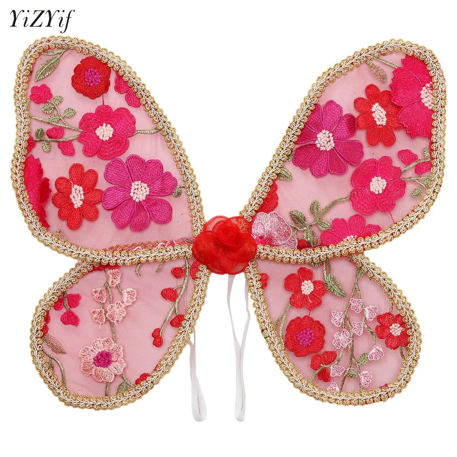 Angel Lace Wing Women Kids Butterfly Flower Embroidered Wings with Fairy Wand Stick for Girls Birthday Newborn Photography Props
