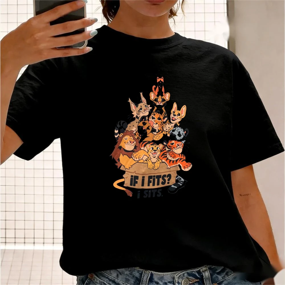 I Fits I Sits Tshirt Cute Feline Animals Cartoon Graphic Printed T-shirt Furry Lover Gift Shirt Men Women Unisex Casual Tee Tops