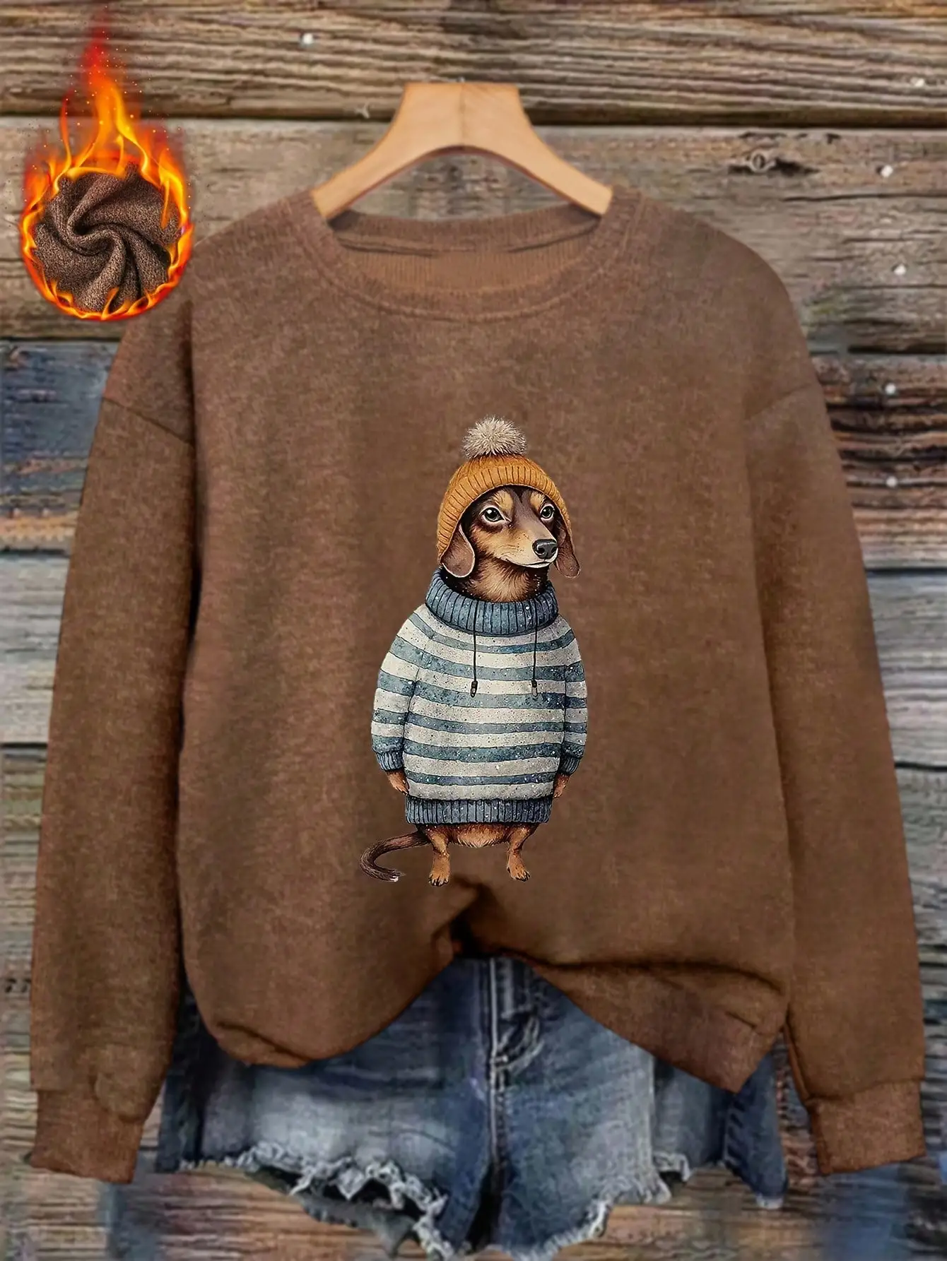 

Women's Cozy Winter Dog Print Sweatshirt, Casual Long Sleeve Top for Autumn & Winter