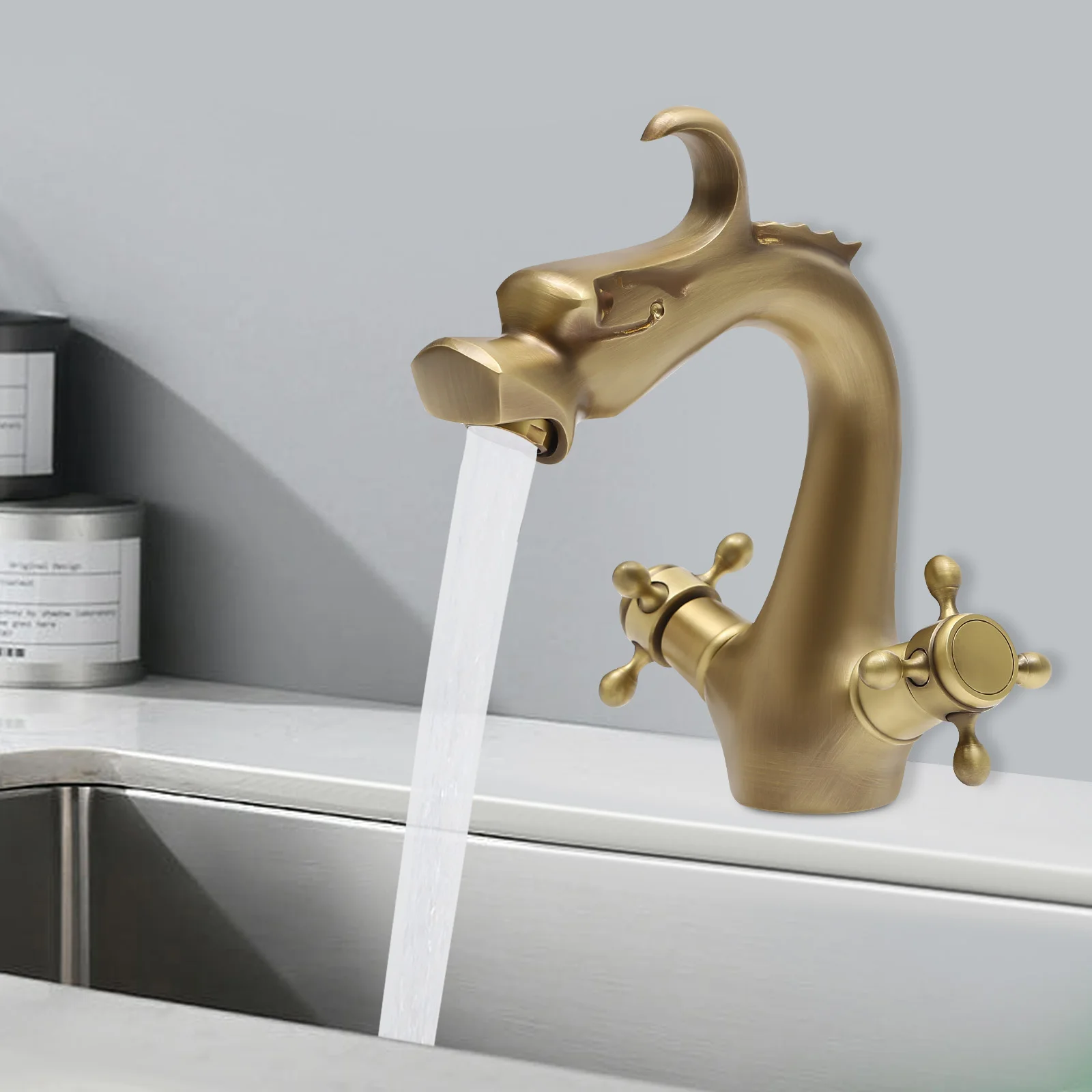 Dragon Shape Bathroom Sink Mixer Tap, Two-Handle Faucet, One Hole, Deck Mount Lavatory, Gold