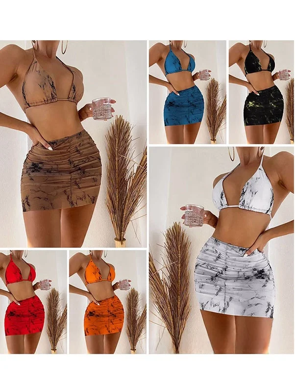 

2026 New Cross-Border Marble Tie-Dye Sexy V-Ne Women's Swimsuit Tee-Piece Set Ne Hanging Design Slimming Faionable