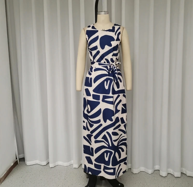 Dresses 2024 Summer New Fashion for Women Mid Waist Elegant Style Fashionable Printed Sleeveless Slit Tie Up Waist Style Dress