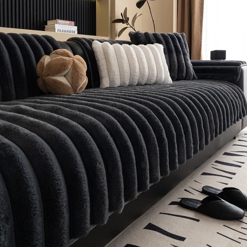 Solid Color Anti-slip Sofa Mat Fashion Plush L Shape All-inclusive Corner Seat Cover Winter Warm Couch Cushion Towel Living Room