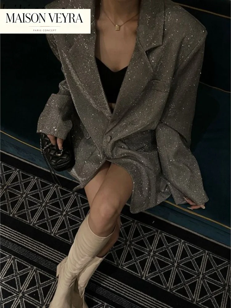 Korean Oversized Jackets 2025 Women Clothing Harajuku Sequined Blazer Y2k Streetwear Tops Fashion Casual Coats Ropa Mujer 7o628