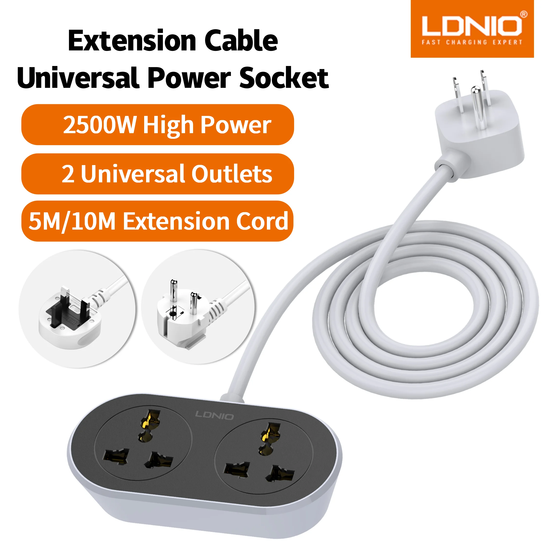 LDNIO 5M 10M Power Strip Extension Cord US UK EU Outlet 2500W Universal Outlet Socket Plug Power Strips Indoor Outdoor Sockets