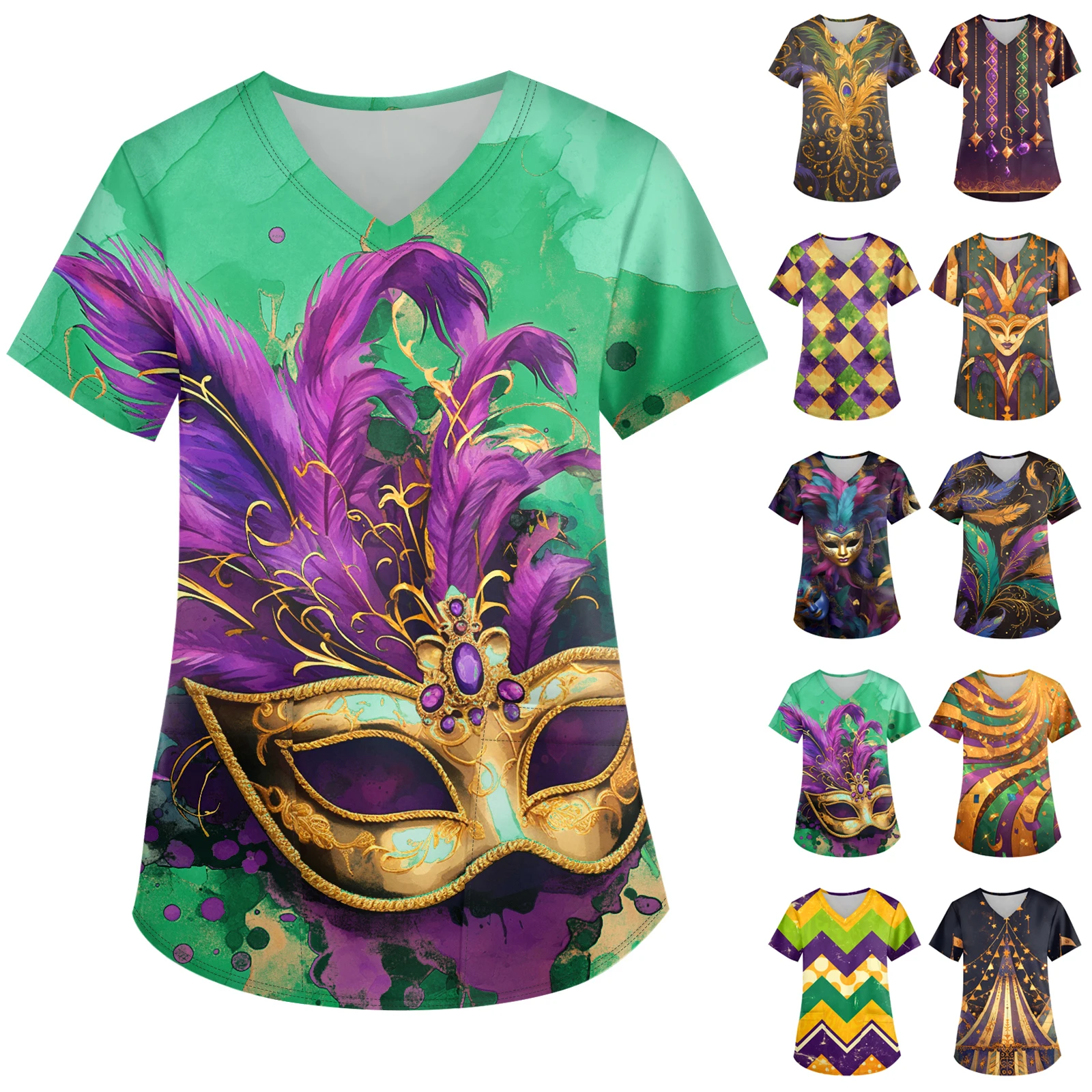 

Carnival Printed Short Sleeved Nurse Uniform V-Neck Pocket Short Sleeved Nursing Uniform Women'S Short Sleeved Nursing Uniform