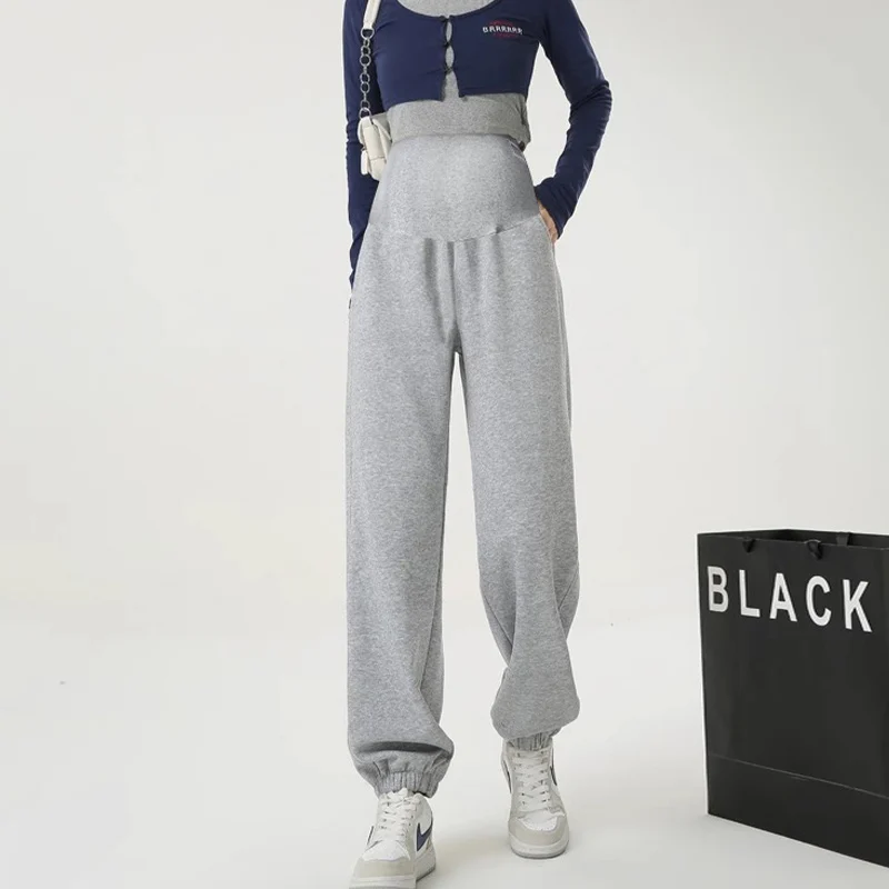 Maternity Sports Trousers with Pockets Spring Autumn Long Loose Pregnant Woman Sweatpants Casual High Belly Pants Sweat Pants