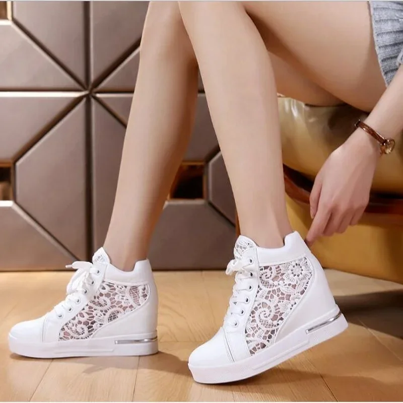 2023 New Women Wedge Platform Sneakers Rubber Leather High Heels Lace Up Shoe Height Increasing White Thick Bottom Zapatos Mujer