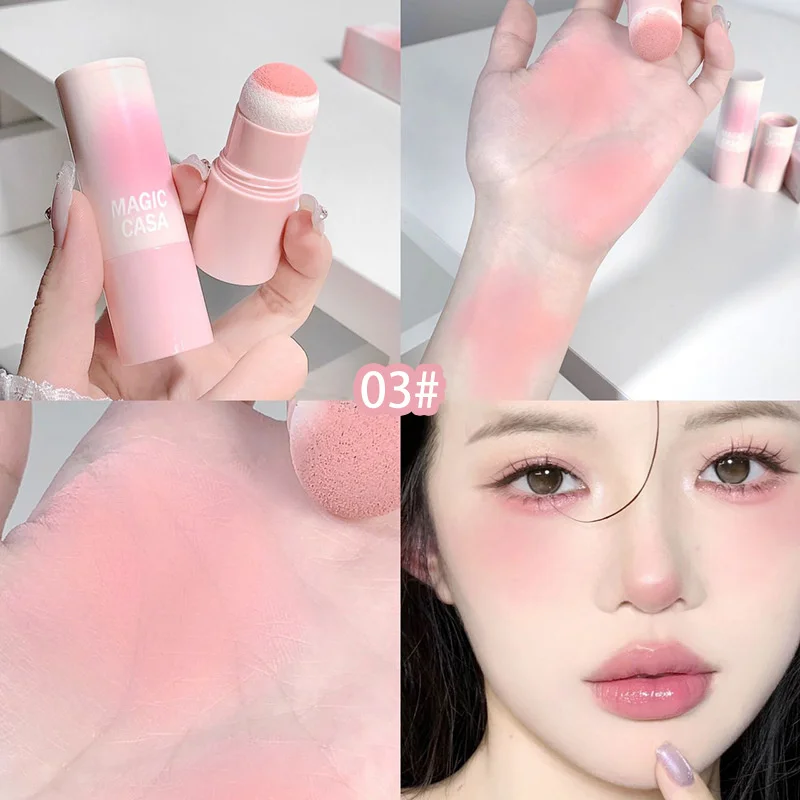 Blush Stick feminino com cabeça de esponja, contorno facial, impermeável, duradouro, brilho, bochecha, maquiagem coreana, fácil de usar