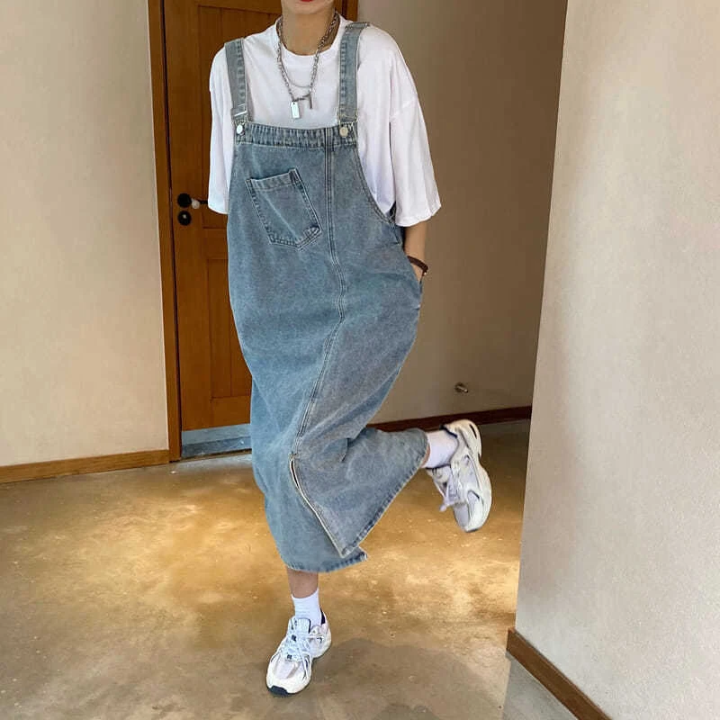 Y2K Women Denim Dress Summer Loose Chic Pockets Spaghetti Strap Female Dress Korean Sweet New Slit All Match Ladies Mid Dress