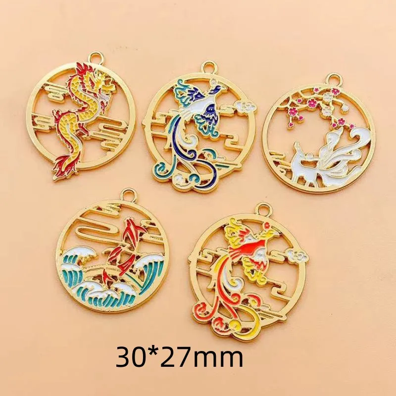 10Pcs/lot Chinese Style Dragon Phoenix Deer Enamel Pendant Charms for Women DIY Earring Findings Jewelry Making Accessories