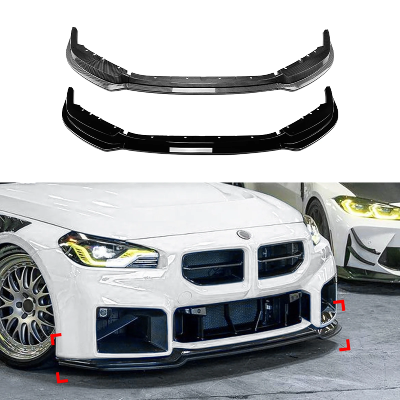 Alerón de parachoques delantero para BMW Serie 2 M2 G87 2023-2024, aspecto de fibra de carbono/negro brillante, Placa de protección de cuchilla divisora inferior