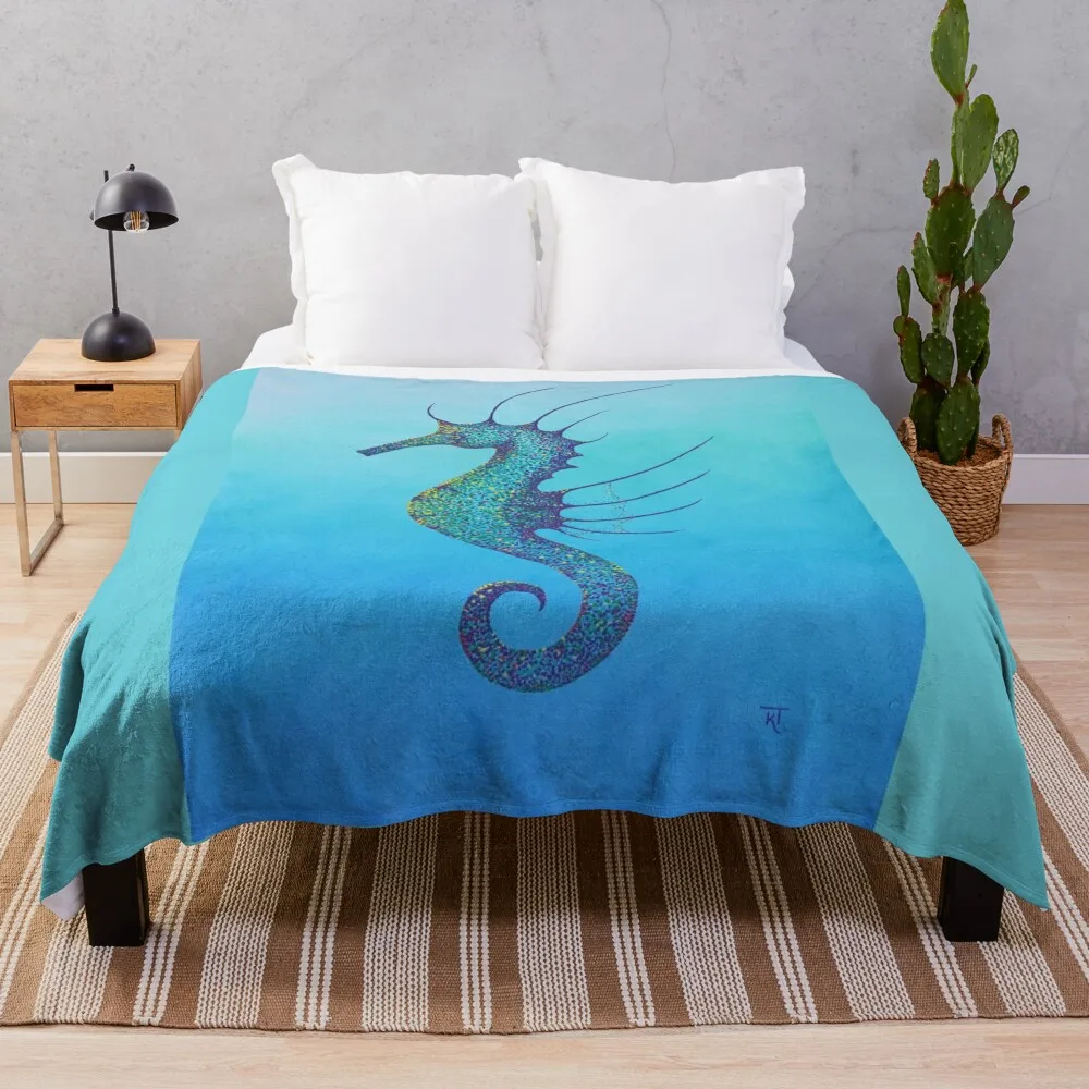 Aqua Seahorse Throw Blanket Plaid on the sofa Luxury Blankets