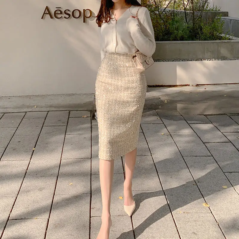 

Spring Autumn Elegant Temperament Solid Color Skirt Women Fashion Sequin A-line Skirt Office Lady All-match Mid Length Skirt