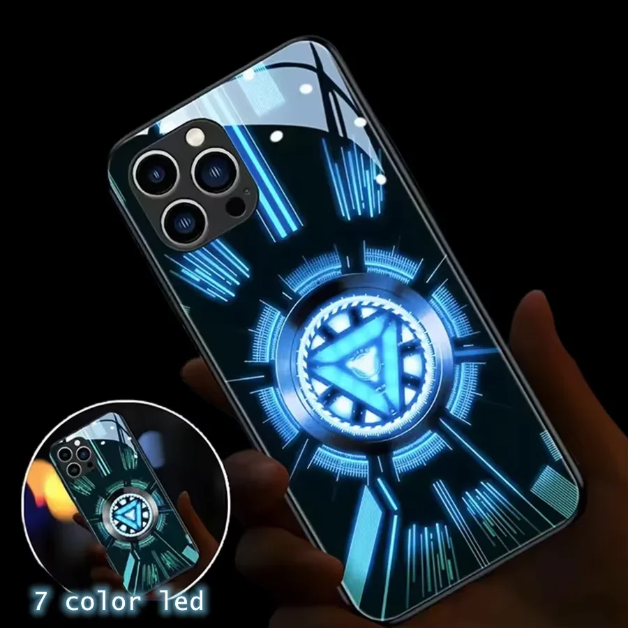 Abstract Fashion Lattice LED Flash Phone Case For iPhone 15 Plus 14 13 12 11 Pro Max X XR XS 6 7 8 Circuit Glow Glass Back Cover