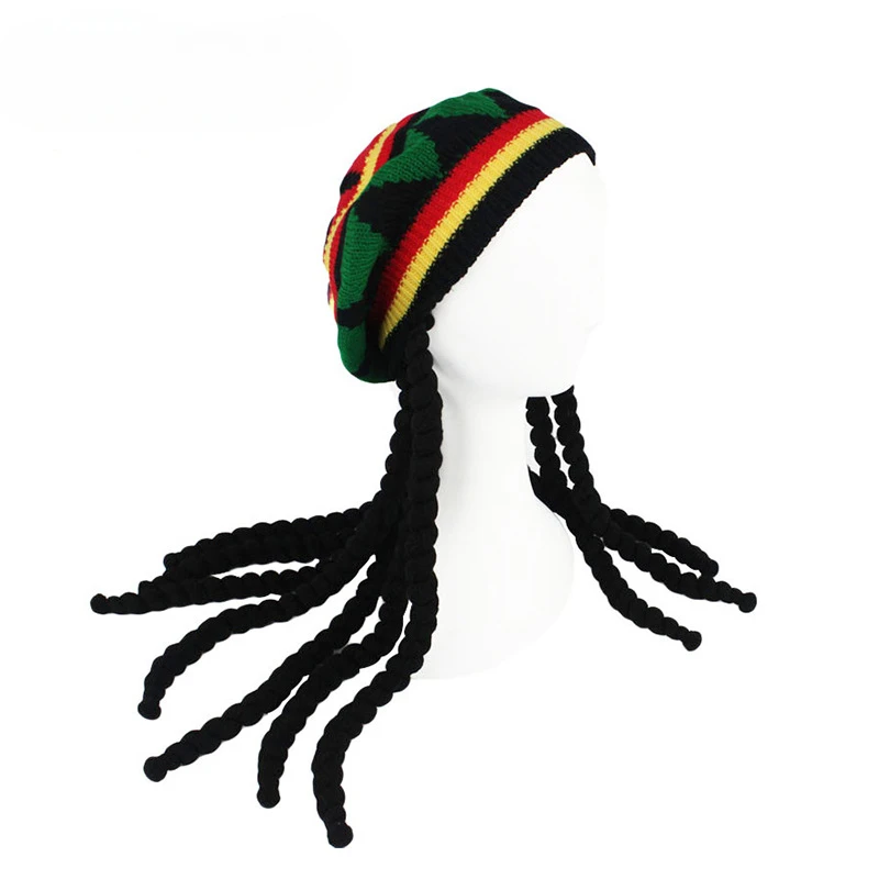 Women Men Beanies Hat Knitted Braid Hat Jamaican Bob Rasta Beanie Hats Hip Hop Cap Dreadlocks Wig Bob Marley Caribbean Fancy Hat