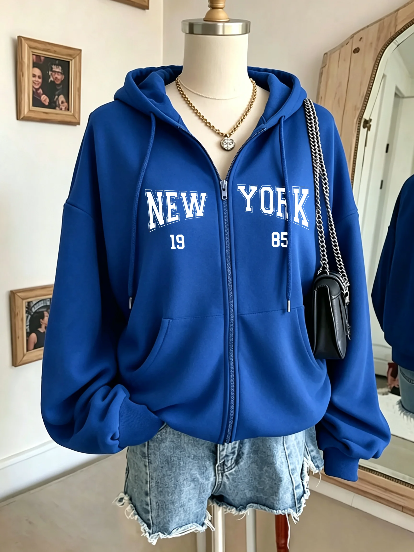 New York 1985 Art Letter Prints Damen-Kapuzenpullover mit Reißverschluss, Hip-Hop-Fleece-Kapuzenpullover, lässiger, lockerer Kapuzenpullover, Herbst, bequeme Streetwear – Detail 13