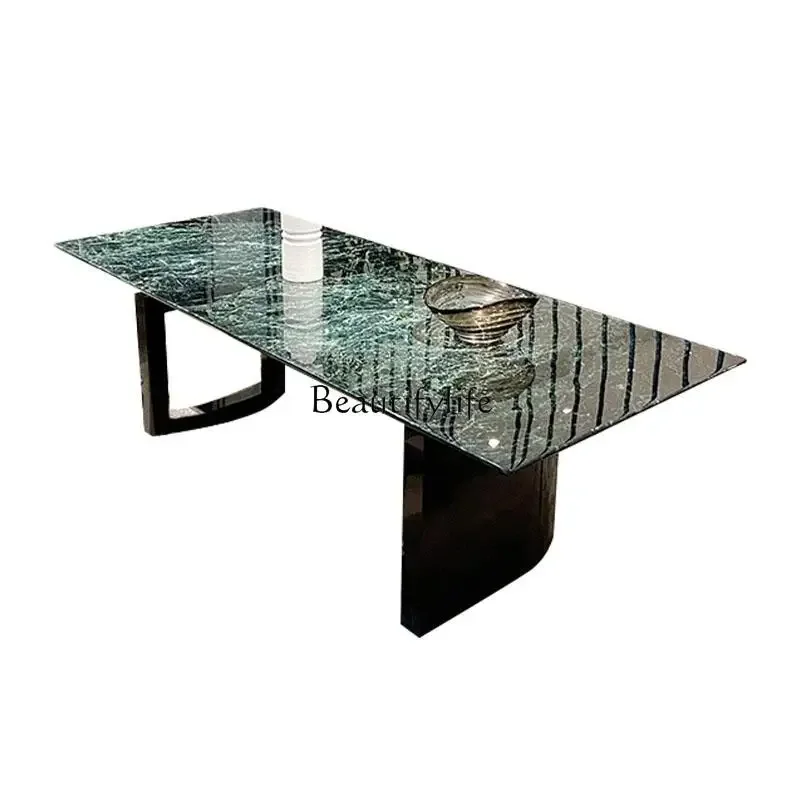 

Big flower green natural marble dining table Italian light luxury high-end rectangular luxury stone dining table