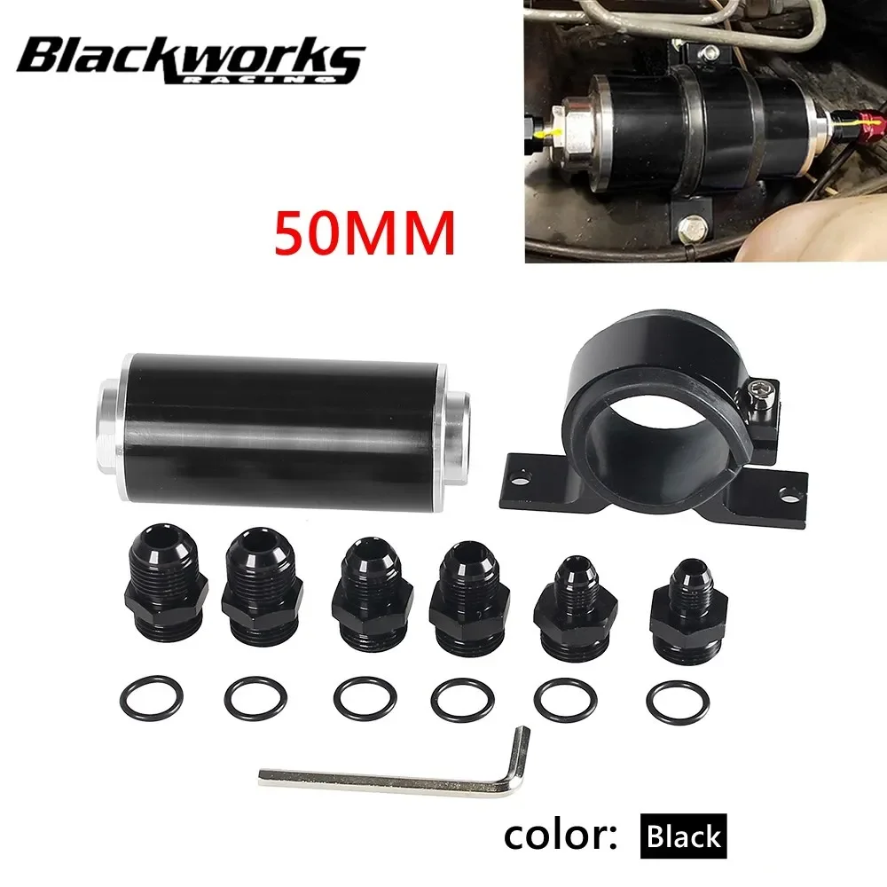 50mm Inline Fuel Filter 100 Micron with Aluminum Mounting Bracket & Wrench & 6AN 8AN 10AN Adapter Universal Cleanable Black