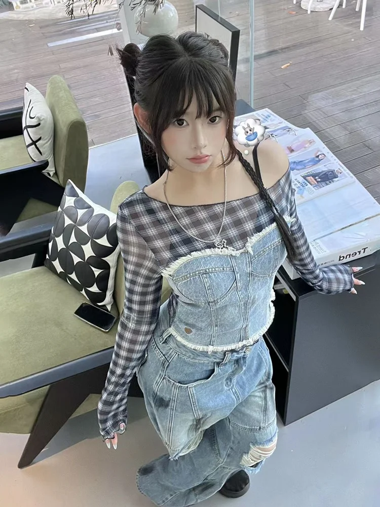 

Женская осенне-зимняя винтажная джинсовая футболка Stazf7 с имитацией двухслойности и асимметричным вырезом на плече, большие размеры, в стиле Hot Girl