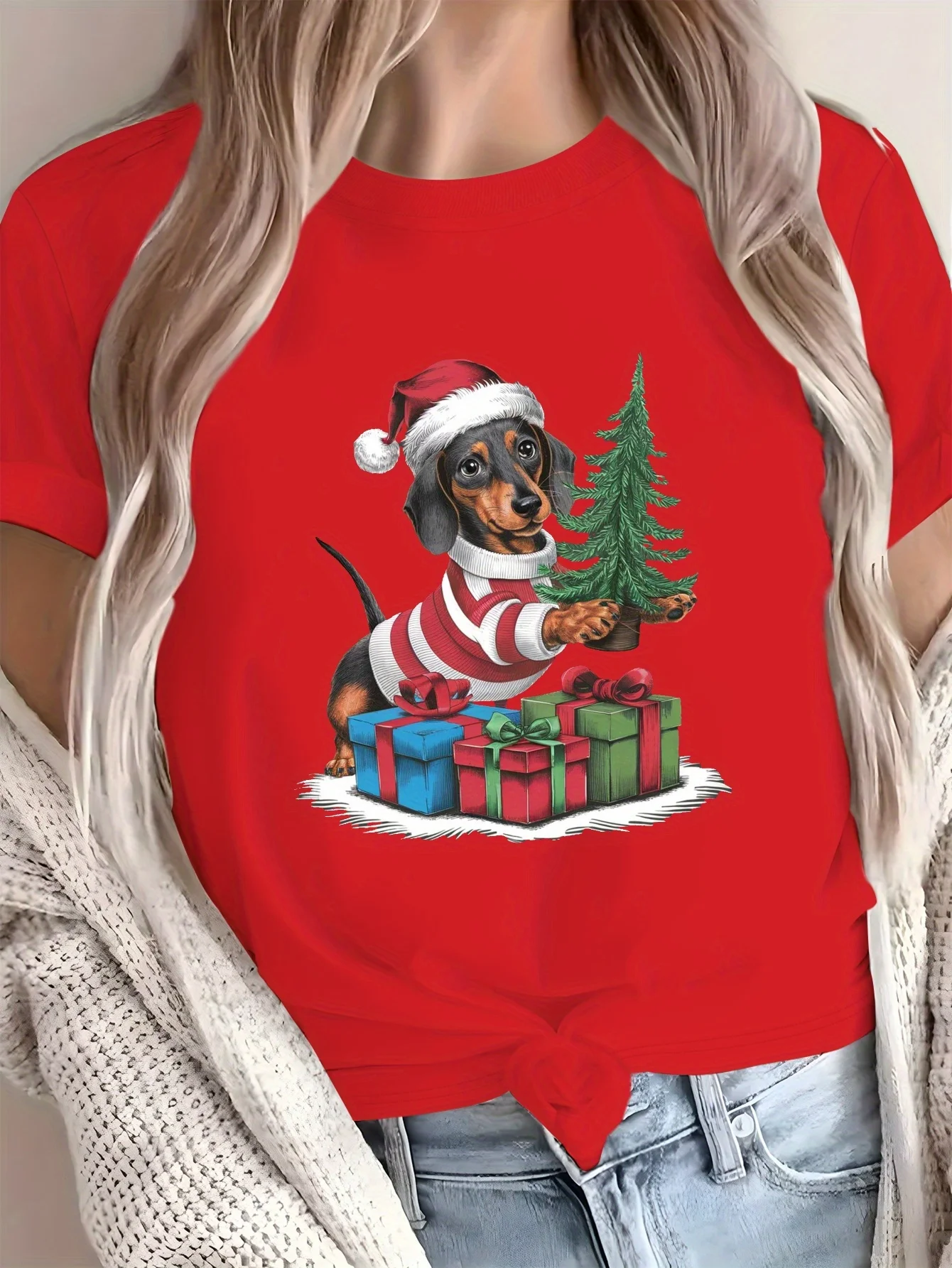 

Women'S Festive Dachshund Christmas Comfortable Fit with Santa Hat Dog Design Perfect for Holiday Celebrations Christmas Shirts