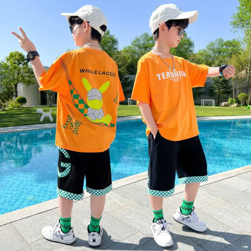 Summer Teenage Boy Short Sleeve Clothes Set Children Letter Print Top and Bottom 2 Pieces Suit Kid T-shirts Shorts Tracksuit