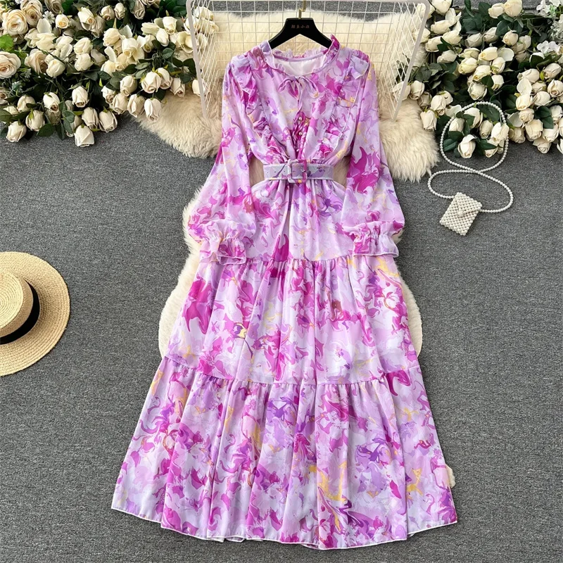 

2025 New Autumn Winter Vintage Chiffon Floral Midi Dress Maxi Boho Dress Elegant Women Party Long Sleeve Dress Bodycon Vestidos