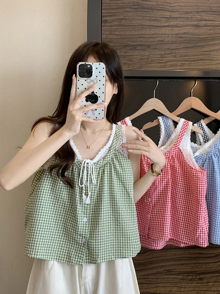 Sommer Plaid Spitze Weste irt frauen Design Sinn ature Oberbekleidung ort Svel Top Koreanische Sle Lose Fit Taste Detail