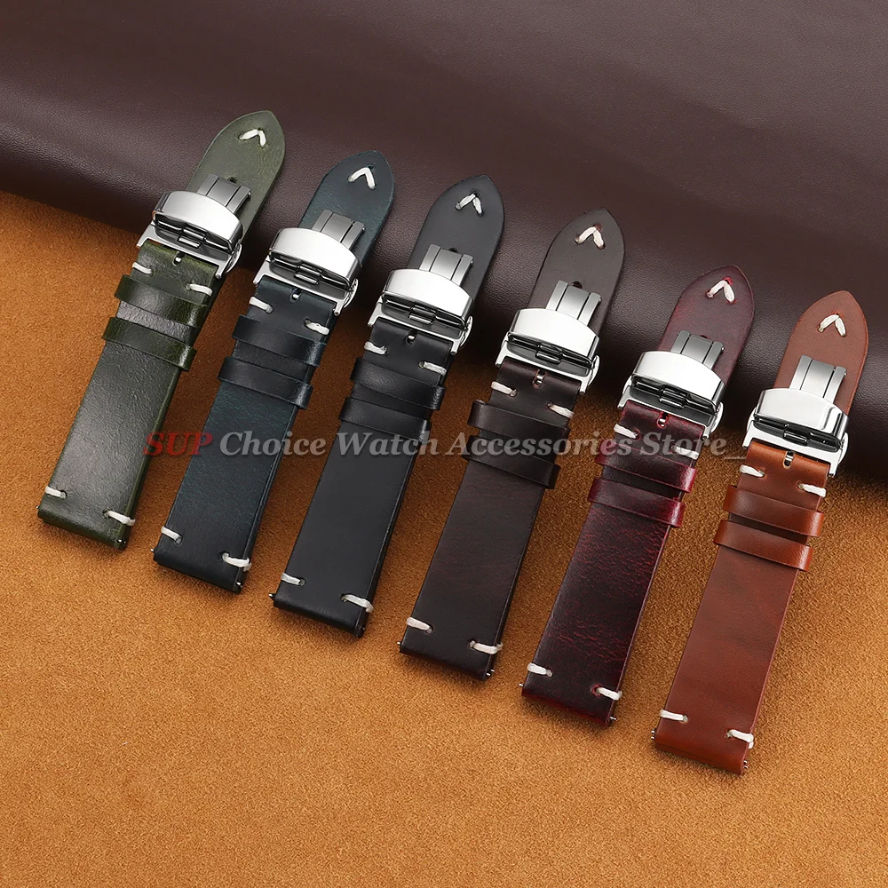 Vintage Ölwachs-Leder Uhrenarmband mit Schmetterlingsverschluss Genähtes Rindslederband 18mm 20mm 22mm Armband für Seiko für Omega Uhrenarmband – Detail 4