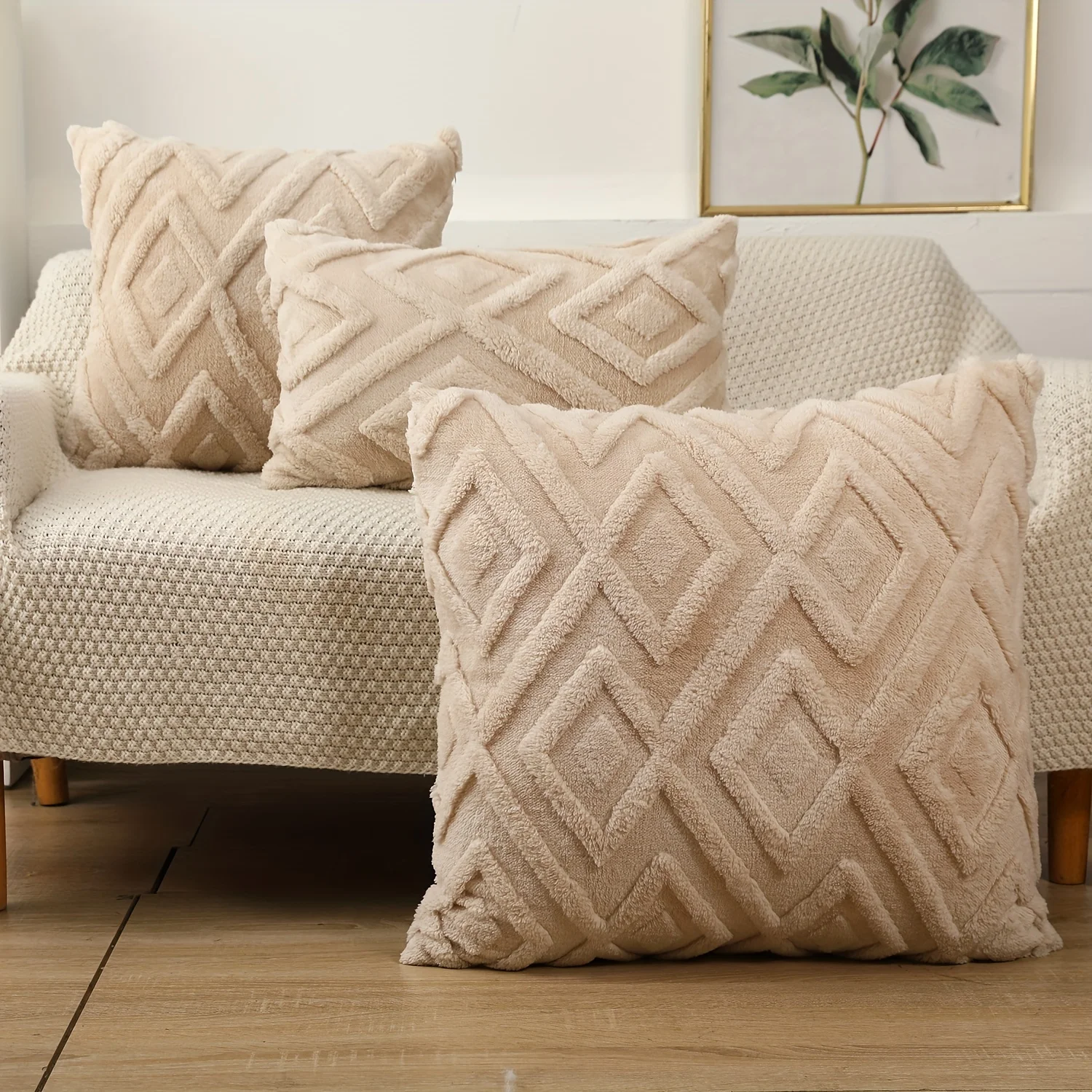 Soft Plush Snowflake Velvet Cream White Pillow Covers, Large Rhombus Pattern, Bedroom Decor, Living Room Decor Cushion Cover