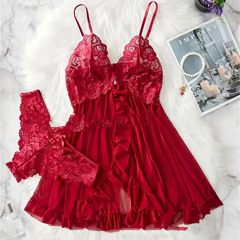 2 Pcs Set Sexy Lingerie Set Women Deep V Slip Dress Thong Erotic Bra Panty Sets Lace Nightdress Transparent Soft Nightgown