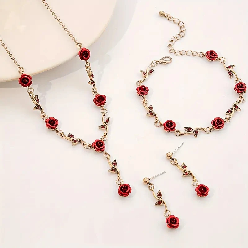 New Cross-border Fashion Jewelry, Vintage Rose Necklace and Earrings, Light Luxury High-end Necklace Set