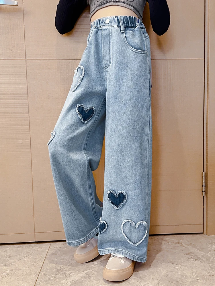 Summer Girls Middle School Fashion Loose Solid Color Love Jeans Casual Pants Wide Leg Pants 4-10 Years Old