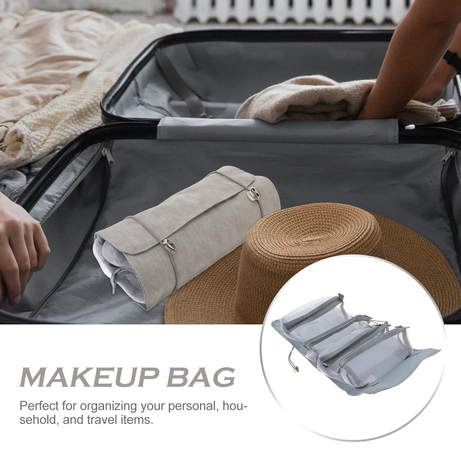 Foldable 4-in-1 Bag Roll-Up Makeup Organizer PU Detachable Toiletry Pouch Travel Bathroom Storage Case