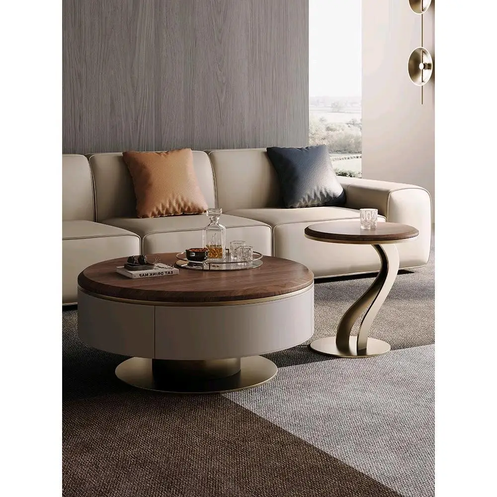 

Light luxury saddle leather ash wood coffee table household small apartment round solid wood coffee table