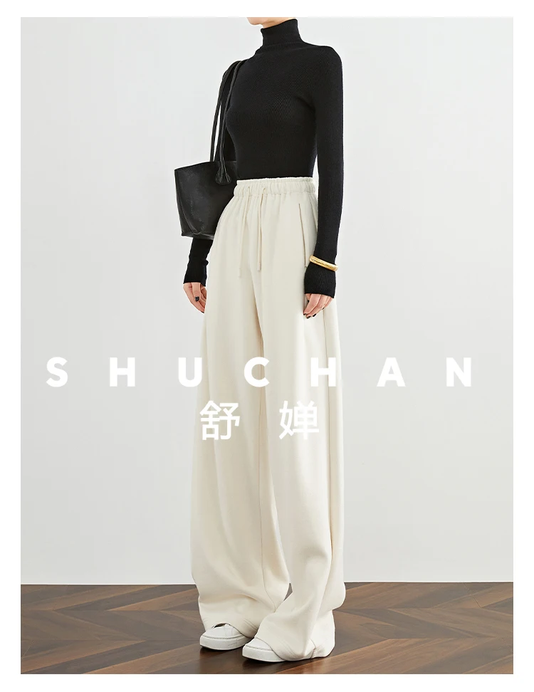 Soft Fleece Beige Wide-leg Pants Straight Tube Drape Extended Woolen Loose Casual Pants Women Winter