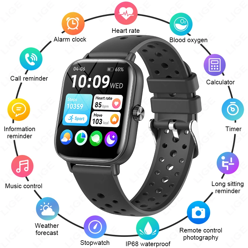 

LIGE Смарт-часы для мужчин, беспроводной Bluetooth, напоминание о звонках, 100 спортивных режимов, водонепроницаемые умные часы для телефона Android IOS