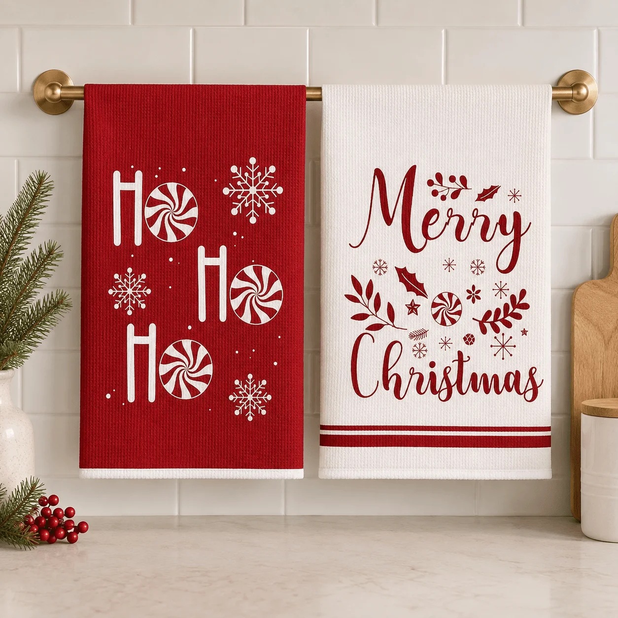 2 Pieces of Randomly Assorted Red and White Simple Christmas Text Snowflake Pattern Kitchen Towels, Decorative Kitchen Tableware, Housewarming Gift, Modern Kitchenware, Suitable for Cleaning and Drying, Can Be Used for