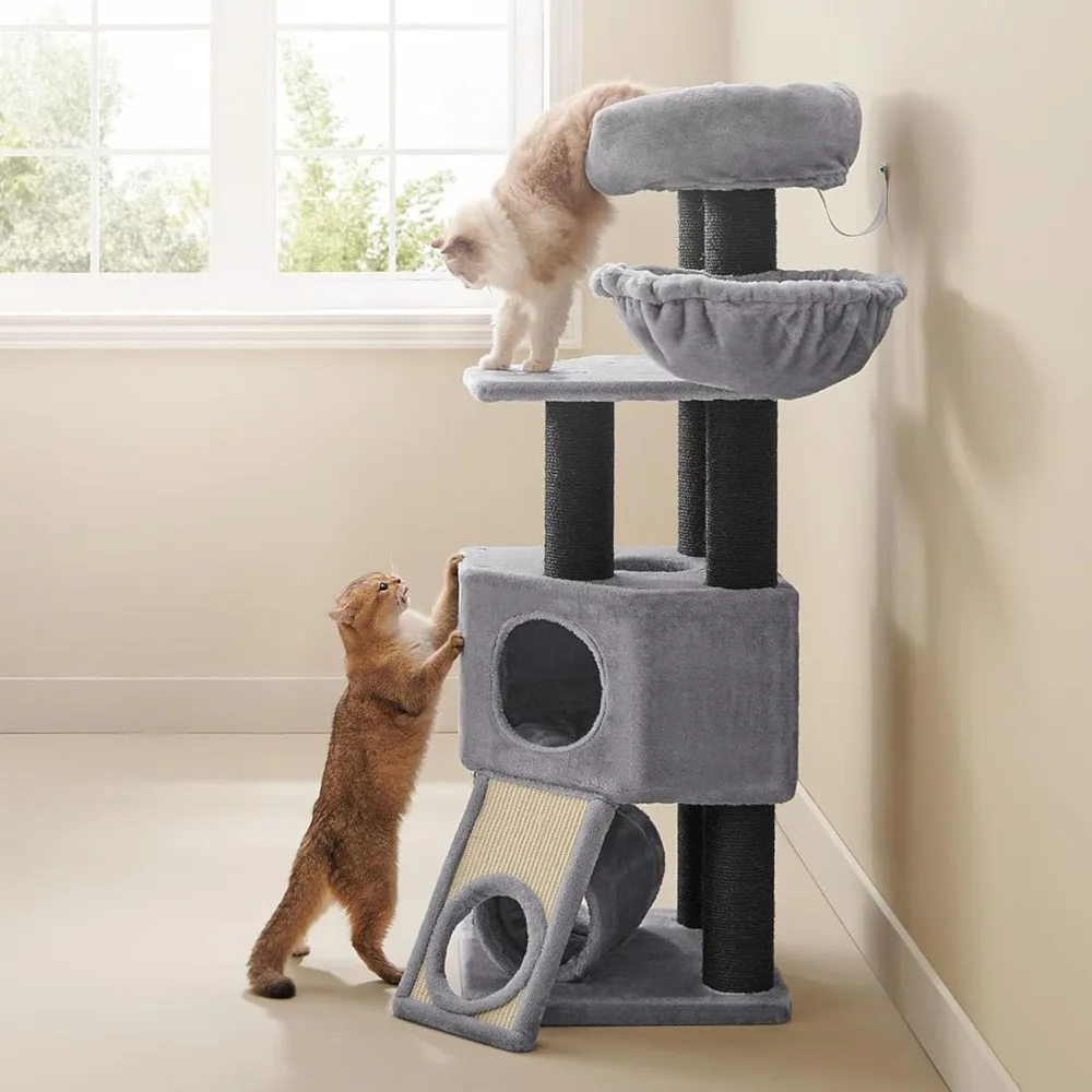برج قطط كبير من القطيفة مع كرسي سلة، وكهف احتضان، وأوضاع ملفوفة سميكة لراحة إضافية