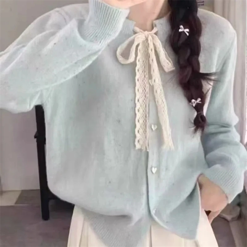 

2025 Autumn Winter Korean Version Lace Women's Knitting Cardigan Sweaters Long Sleeve Single-breasted Ladies Sweater Coat