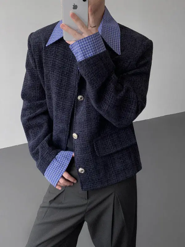 

TANGZ Studio Men's Faionable irt Collar Jaet High nce Sensation Stripe Splicing Warm Woolen Coat Urban Sle