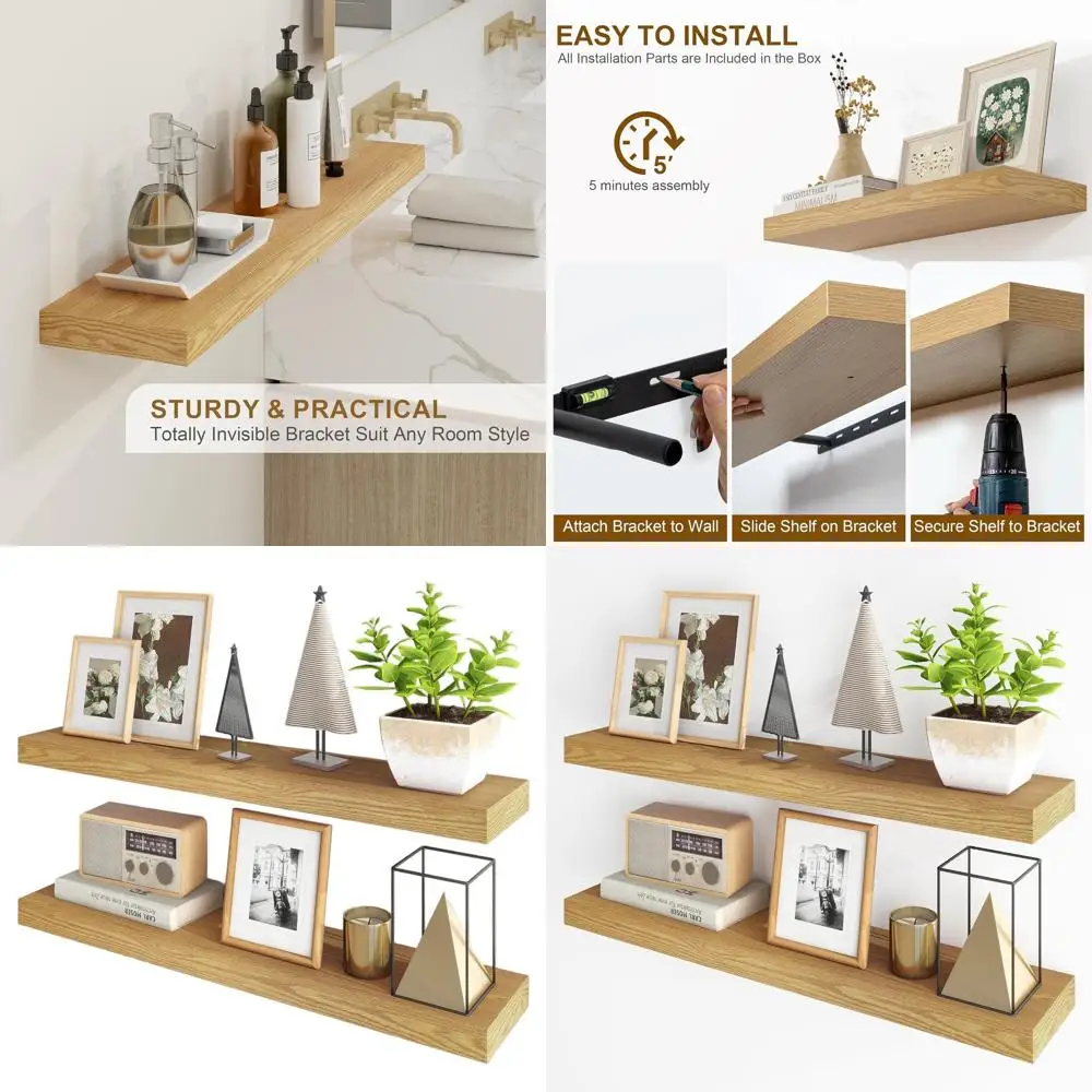 

Pair of 36 Oak Wall-Mounted Floating Shelves with Hidden Brackets for Home Decor