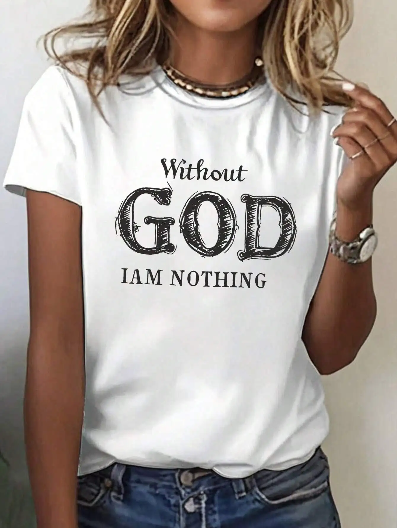 

Women's 'Without God I Am Nothing' Graphic T-Shirt, Short Sleeve Round Neck Casual Summer Top