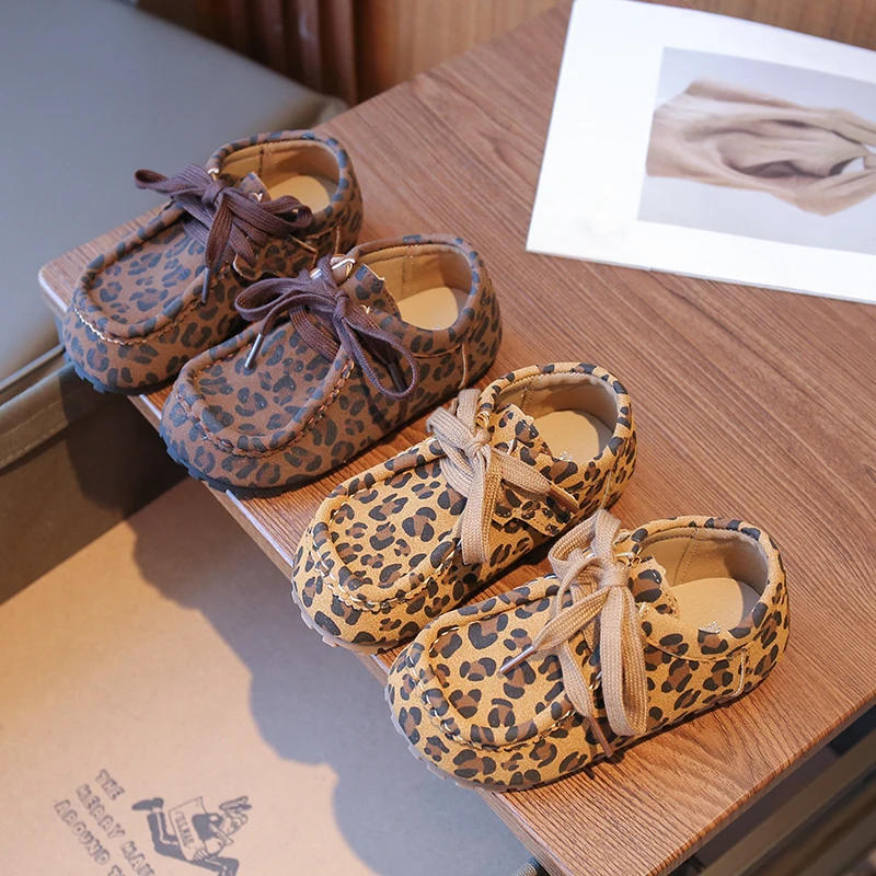 

Children's Leather Shoes 2-18 Years Old Leopard Print Boys and Girls Single Shoes Khaki Color Soft Bottom Non-slip Kids Loafers