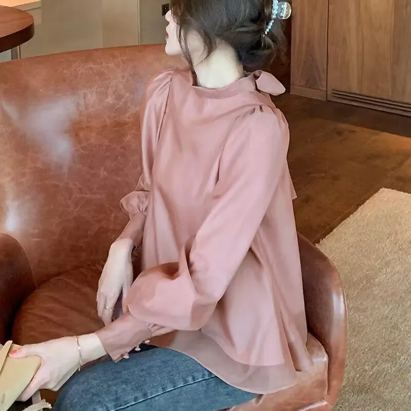 Mulheres arco francês chiffon camisa 2025 primavera outono puff manga gola chiffon blusas femme all-match blusa elegante camisa
