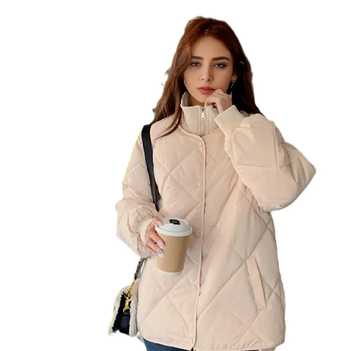 2025 Nuova giacca in cotone da donna Griglia di diamanti femminile Falso due giacca corta Colletto alto da donna Caldo Parka casual Cappotti 2025 Nuovo