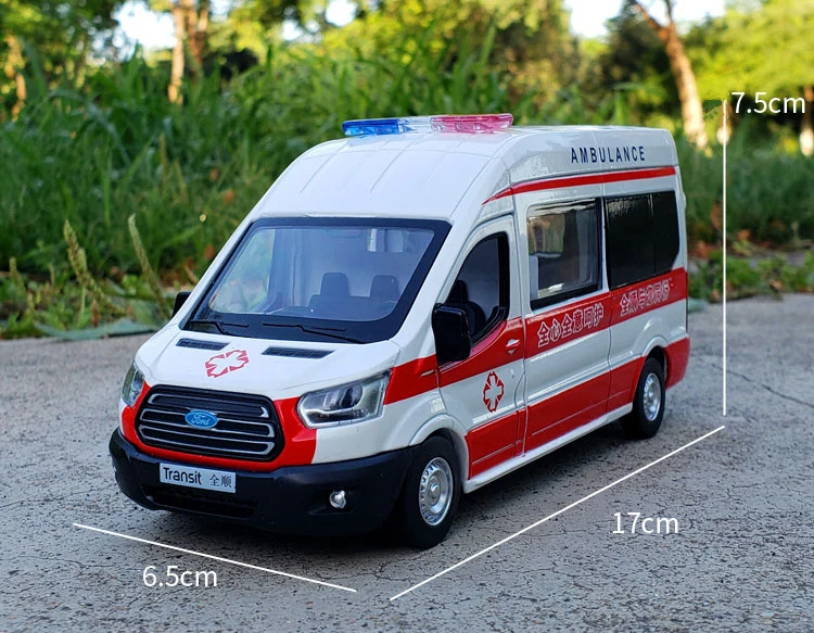 1:34 FORD Transit Alloy Ambulance Vehicles Car Model Diecast Metal Toy Broadcast Car Model Simulation Sound and Light Kids Gifts